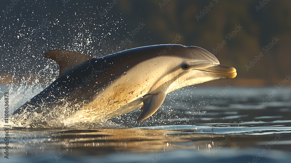 Fototapeta premium Dolphin Leaping Joyfully in Ocean Waves Marine Environment Wildlife Photography Adventure Underwater View Nature's Beauty