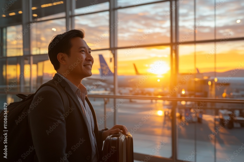 Fototapeta premium A traveler with suitcase stands at an airport terminal, bathed in the warm glow of a stunning sunset pouring through the large glass walls of the building.