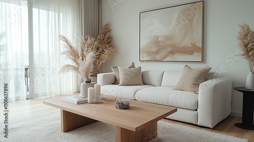 A spacious contemporary living room featuring abstract wall art, a soft cozy sofa, and elegant interior styling photo