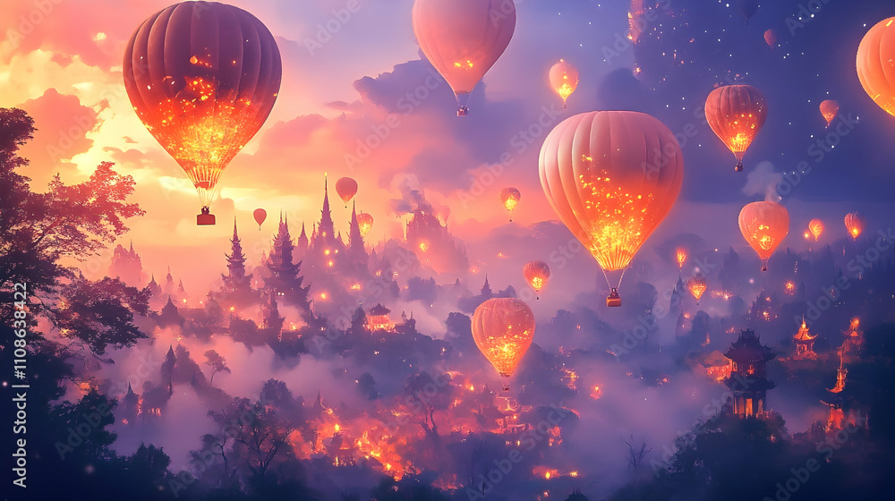 Fototapeta premium Magical sunset landscape with numerous hot air balloons soaring over a mystical city nestled in misty mountains.