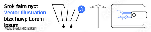 Shopping cart with a notification, mining pickaxe, and digital wallet with circuit lines. Ideal for online shopping, cryptocurrency mining, digital transactions, e-commerce, blockchain, fintech