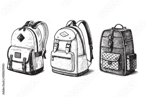 Set of different backpacks sketch engraving drawing vector illustration