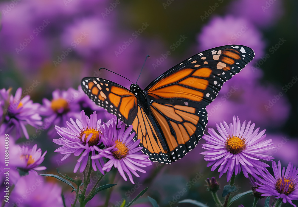 A monarch butterfly, with orange and black wings, sits on purple flowers. This image is from a submission of stock photos, likely for use as visual content A monarch butterfly, with orange and black wings, sits on purple flowers. This image is from a submission of stock photos, likely for use as visual content
