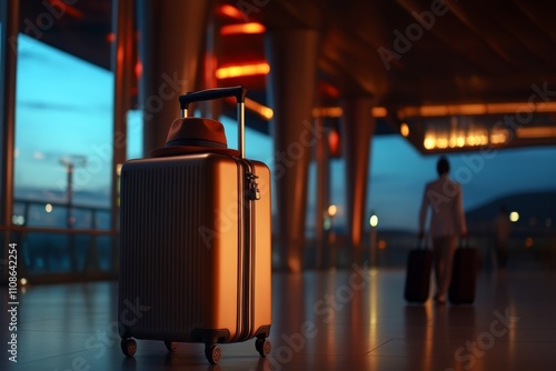 A modern suitcase with a stylish hat rests on top in a futuristic airport environment, while a silhouetted traveler departs into the background. photo