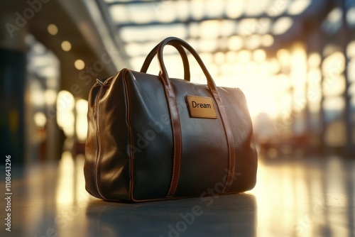 A luxurious leather bag labeled 'Dream' sits on a sunlit platform, illustrating themes of aspiration, luxury, and the journey towards one's dreams in a striking composition. photo