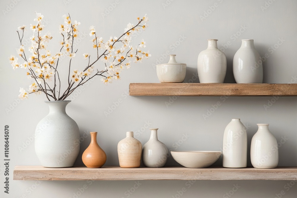 An elegant arrangement of minimalist ceramic vases on wooden shelves, showcasing simplicity, balance, and a touch of nature through delicate blossom branches. An elegant arrangement of minimalist ceramic vases on wooden shelves, showcasing simplicity, balance, and a touch of nature through delicate blossom branches.