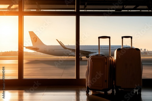 Two suitcases are silhouetted against the backdrop of a dramatic sunset as they stand waiting together next to expansive windows at an airport terminal before departure. photo