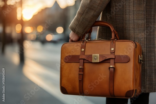 A businessman, clad in a brown coat, holds a brown leather briefcase in a city street at sunset, epitomizing professionalism, ambition, and urban lifestyle. photo