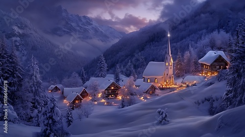 A snowy mountain village with a church lit by candlelight for a Christmas Eve service