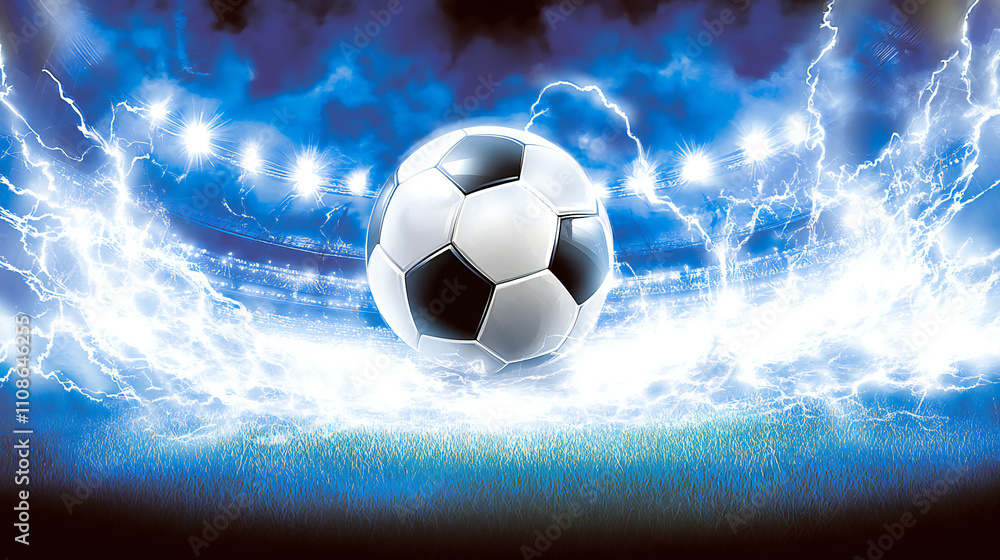 Fototapeta premium Close-Up of a Soccer Ball Surrounded by Lighting Energy in a Surreal Action-Packed Stadium