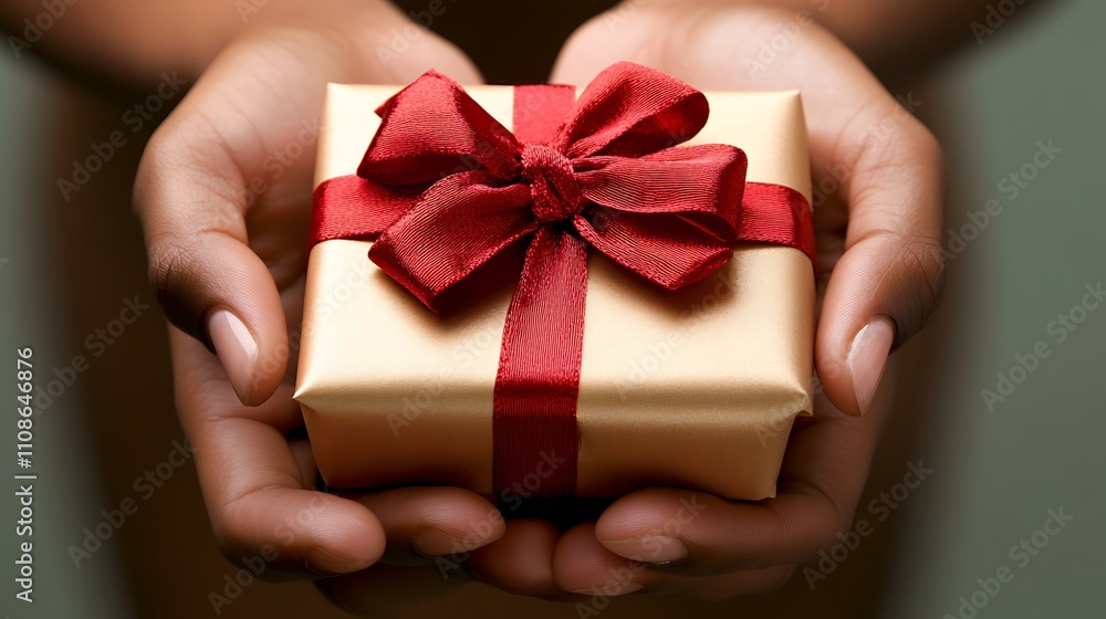 Close-up of hands holding a beautifully wrapped Christmas gift with a red bow Close-up of hands holding a beautifully wrapped Christmas gift with a red bow