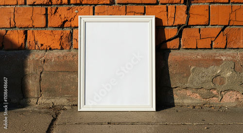 Blank White Frame mockup Against rustic Weathered Brick Wall, ideal for design mockups, art presentations, or urban-themed decor concepts. 