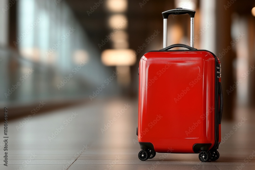 A red suitcase stands gleaming in a modern station corridor, its sleek design reflecting the lights. The image captures a sense of journey and anticipation. A red suitcase stands gleaming in a modern station corridor, its sleek design reflecting the lights. The image captures a sense of journey and anticipation.