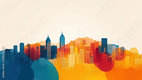 Colorful modern cityscape illustration with skyline, urban buildings, and creative watercolor style