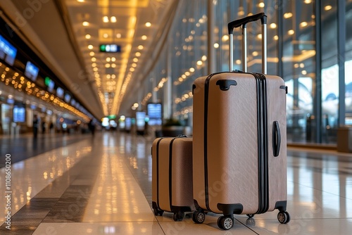 Two stylish suitcases rest in a sleek airport corridor, exemplifying modern travel with chic design and efficiency, highlighted by bright, ambient lighting. photo