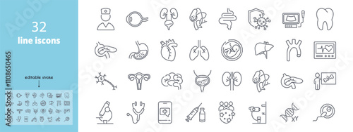 Medical specialties line icon set. Health care and medicine. Gynecology, urology, cardiology, virology, gastroenterology, ophthalmology, neurology, x-ray vector illustration. Editable stroke