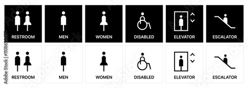 Universal Public Signage Icons for Restrooms, Accessibility, Elevators, and Escalator. Male and female gender icon and symbols. disabled icon. toilet icons and public pictogram.