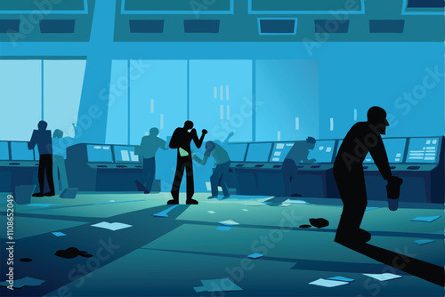 Decaying stock exchange, hordes of undead zombies engage in chaotic trading amidst rubble and debris.  A post-apocalyptic financial scene.