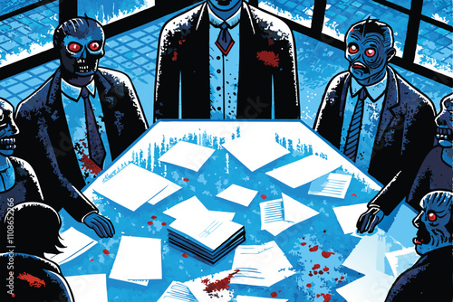 A dilapidated boardroom, overrun by decaying zombie executives in suits, amidst scattered papers and overturned furniture; apocalyptic setting.