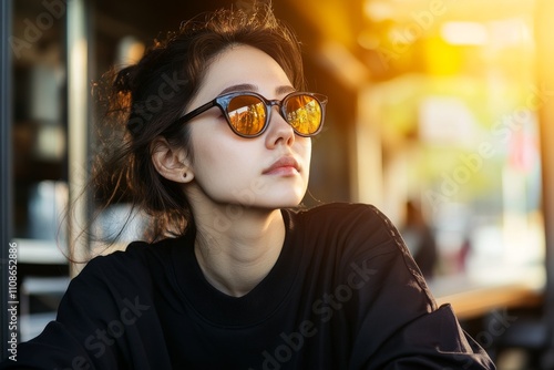 A fashionable woman wearing sunglasses sits at an outdoor cafe, basking in the warm glow of the sun, capturing a perfect blend of style and leisure. photo