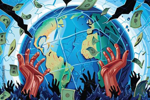 A decaying, cracked globe, its continents overrun by hordes of decaying zombies, depicting apocalyptic environmental collapse.