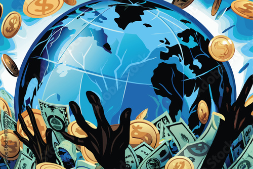 A crumbling globe, continents overrun by hordes of decaying zombies, depicting apocalyptic environmental collapse.