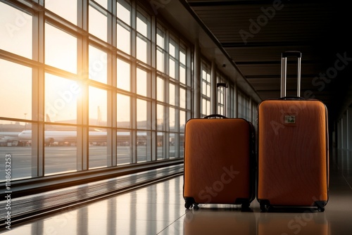 Two orange suitcases stand upright in a bright airport terminal hallway during sunrise, alluding to a journey, travel adventure and new beginnings. photo