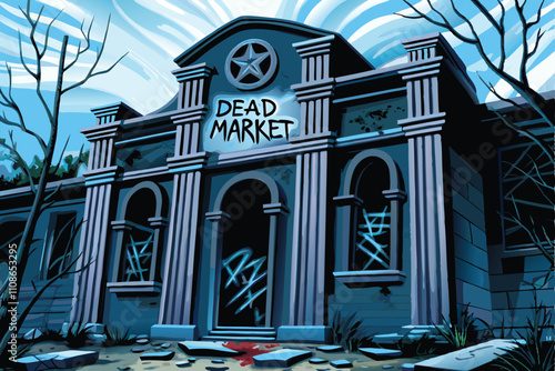 A decaying stock exchange building, overrun with graffiti depicting zombies, showcasing crumbling architecture and a post-apocalyptic atmosphere.