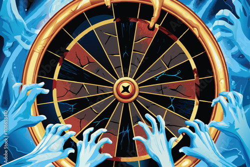 A broken economic wheel, shattered pieces strewn around, decaying zombie hands grasping at the fragments.  Depict financial ruin and societal collapse.