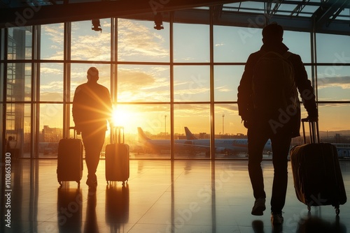 Two figures with suitcases move through an airport terminal, silhouetted by the sunset sky outside, evoking feelings of wanderlust, new beginnings, and serenity. photo