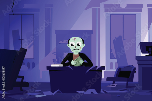 A decaying zombie banker, in tattered suit, sits at a shattered desk amidst rubble in a ruined bank, clutching a skull.