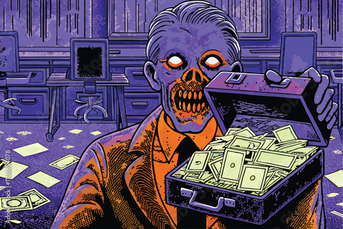 A decayed zombie businessman, hollow-eyed and pale, clutching a briefcase, dressed in a tattered suit.  His expression is menacing.