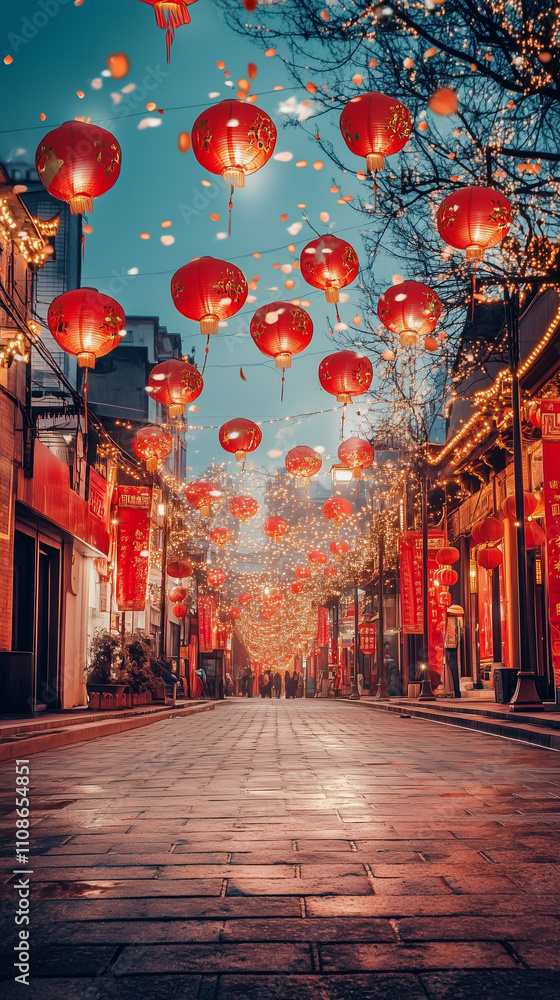 Fototapeta premium Festive Chinese street decorated with glowing red lanterns