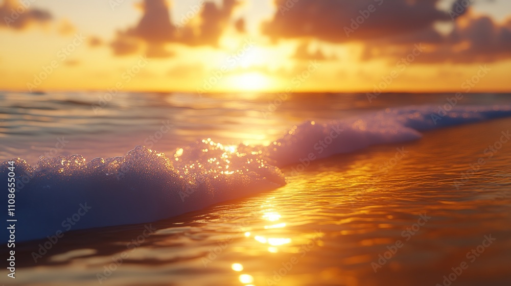 Fototapeta premium Golden Sunset Over Ocean Waves: Serene Beachscape at Dawn