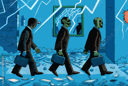 Decaying businesspeople, in tattered suits and ties, shambling through a deserted office building, zombie-like.