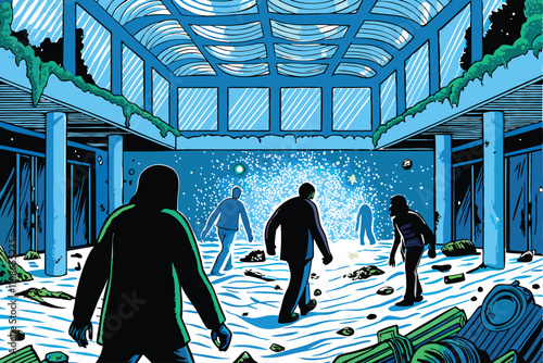 Depict hordes of gaunt, decaying zombie-like consumers shuffling through a devastated shopping mall, highlighting consumerism's destructive consequences.