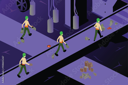 Depict gaunt, decaying zombie factory workers amidst rusted machinery in a grim, dystopian industrial complex, conveying hopelessness and societal collapse.
