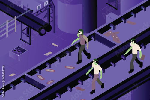 Obraz na plátně Depict decaying zombie factory workers in a grim, dystopian industrial setting, emphasizing the bleakness and despair of their existence within the factory