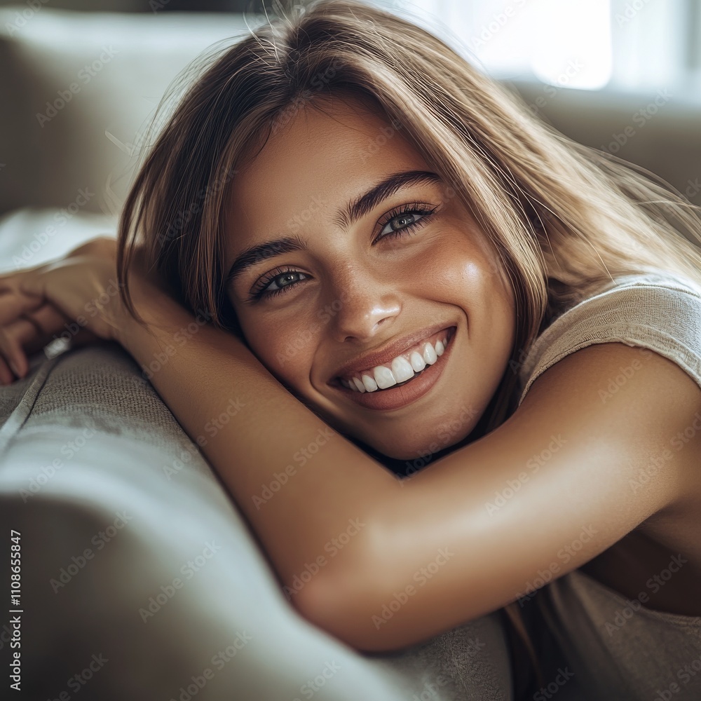 Fototapeta premium Happy woman relaxing on the sofa at home, Healthy life style