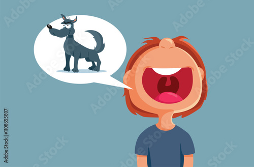 Little Lying Boy Screaming Wolf Vector Cartoon Illustration. Liar trying to deceive people about dangerous situations 

