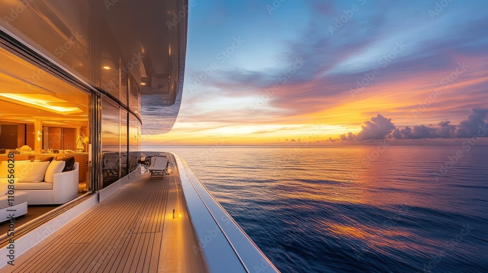 Obraz premium Luxury yacht hotel on the water, sleek design, panoramic ocean views, sunset