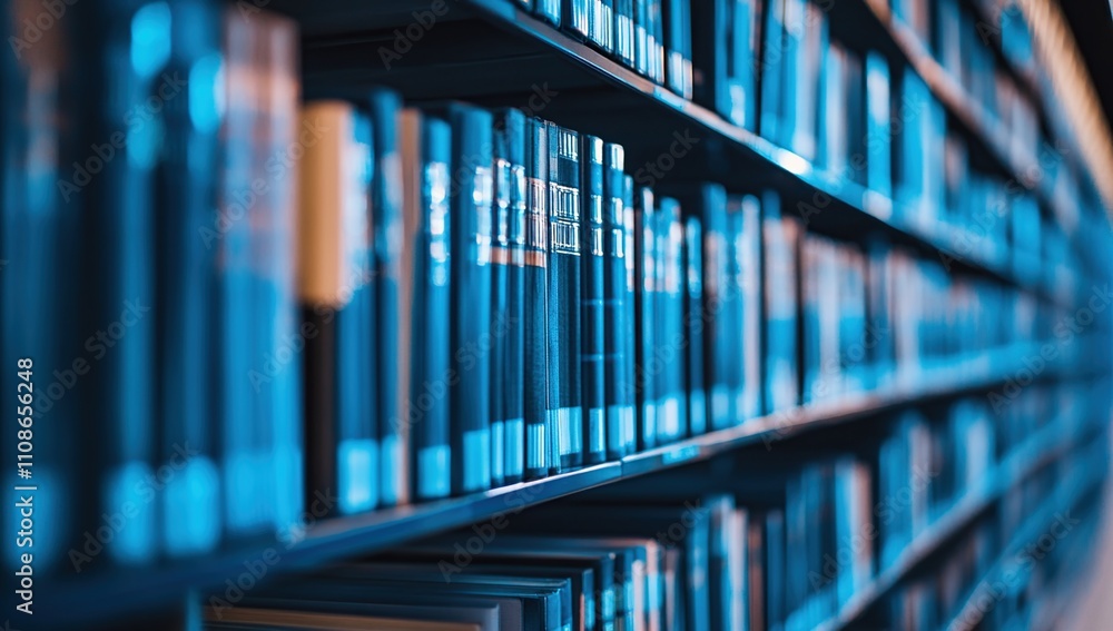 Obraz premium Rows of Books in a Library Blue Hues Knowledge Collection Research Archive