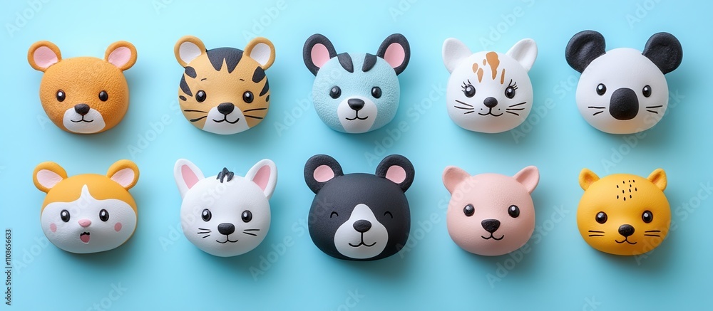 Fototapeta premium Adorable Animal Faces: A Collection of Cute Cartoon Animal Head Sculptures