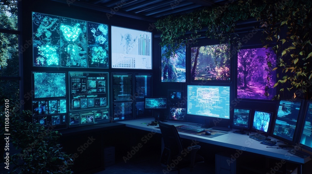 Naklejka premium Innovative AI Video Game Design Studio: Inspiring Creativity in a Collaborative Workspace Full of Colorful Concepts