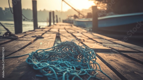 Blue Fishing Net on Wooden Dock at Sunset photo