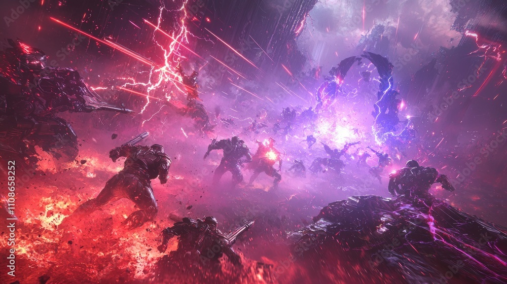 Fototapeta premium Digital Warfare: Epic AI Video Game Battle Scene with Diverse Characters and High-Stakes Action