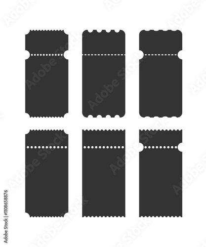 Blank black shapes of tickets vector illustration set isolated on white background