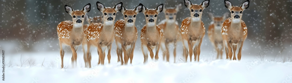 Obraz premium Seven white-tailed deer fawns walking in snowy winter.