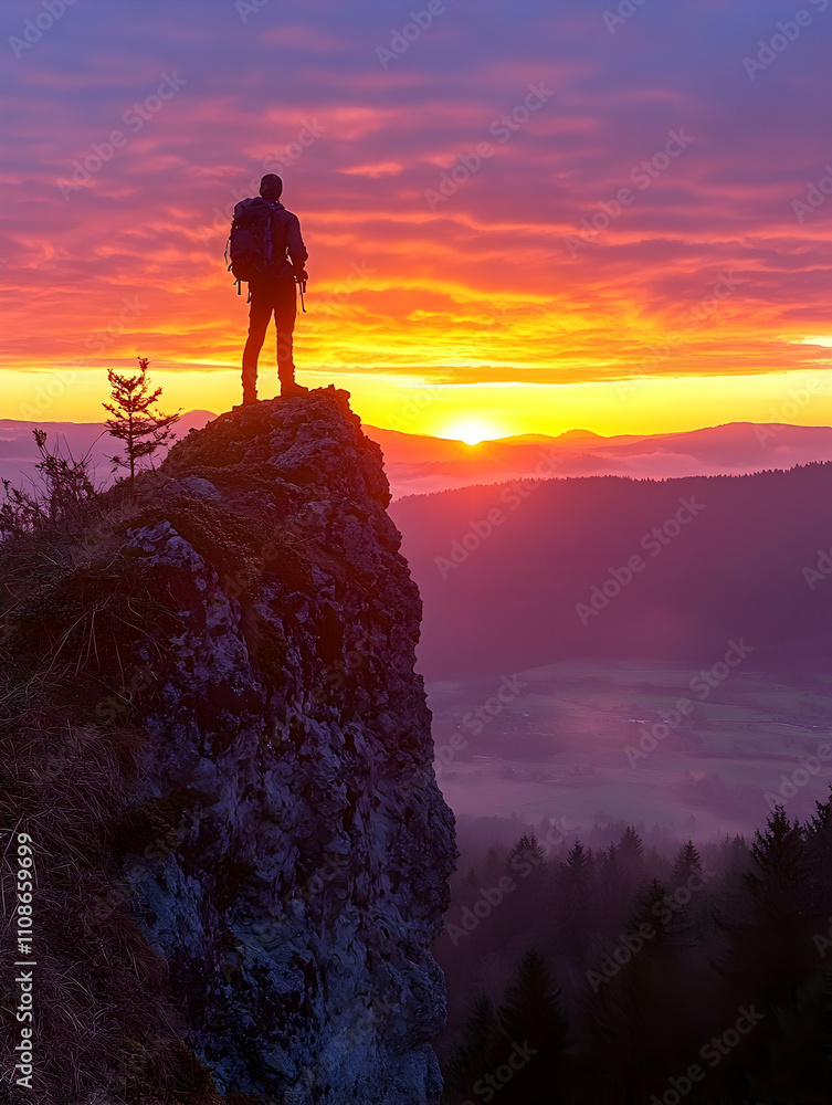 Fototapeta premium Silhouette of hiker on mountaintop at sunrise.