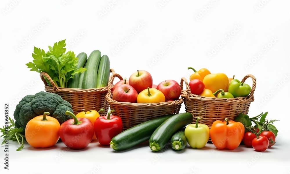 A healthy food market scene with baskets of fresh produce like apples, peppers, and zucchini, displayed in a rustic style. The clean white background keeps the focus on the vibrant foods. A healthy food market scene with baskets of fresh produce like apples, peppers, and zucchini, displayed in a rustic style. The clean white background keeps the focus on the vibrant foods.